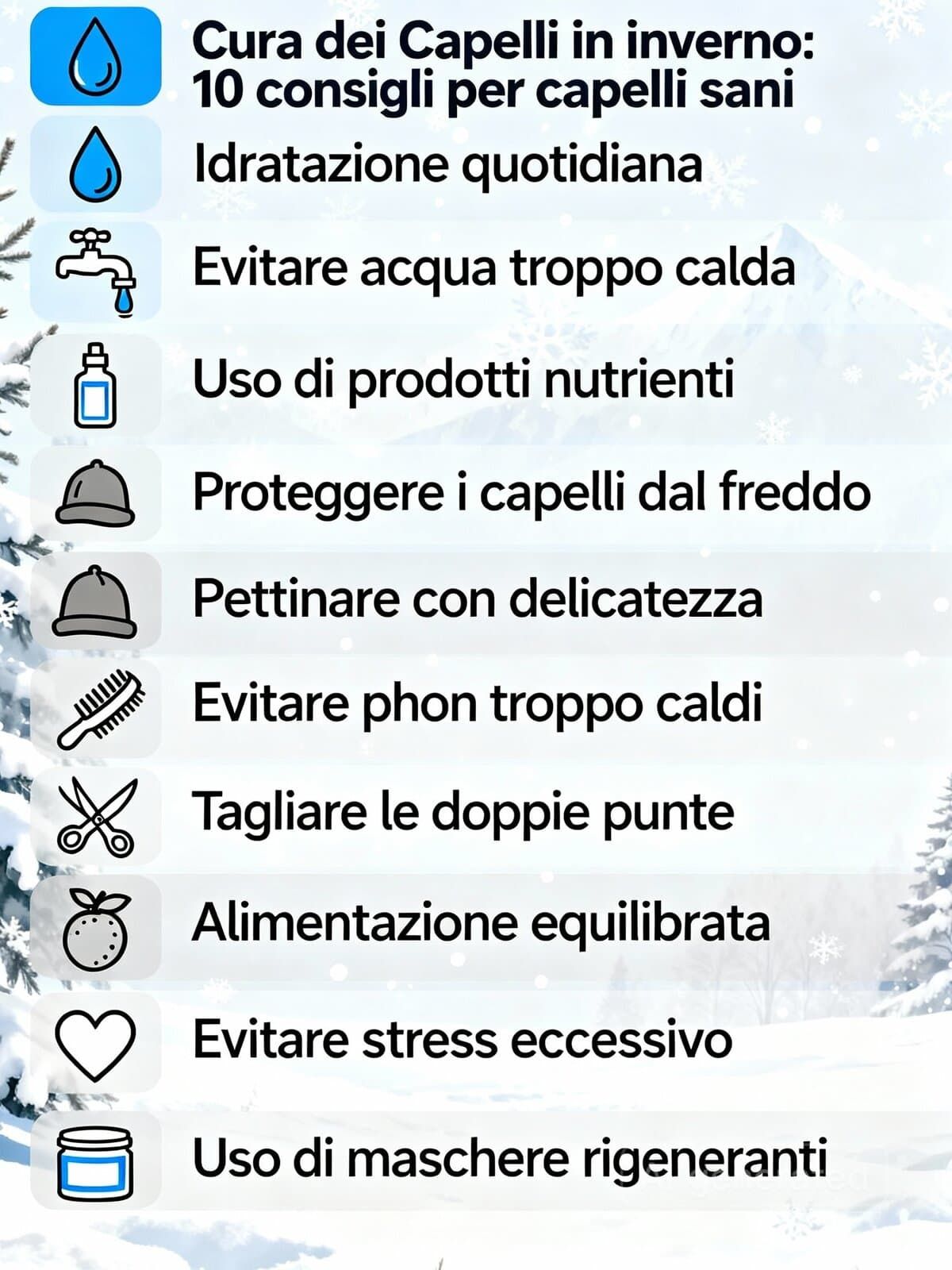 Idratazione quotidiana e cura dei capelli in inverno: consigli per capelli sani, evitare acqua troppo calda, proteggere dal freddo, usare prodotti nutrienti e mantenere un’alimentazione equilibrata.