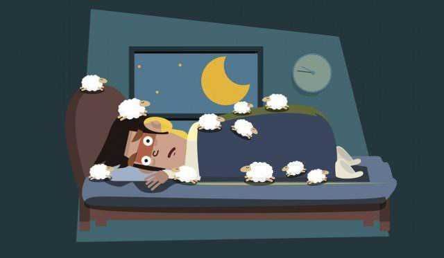 Sogno notturno, uomo che dorme nel letto in una stanza con luna e stelle visibili dalla finestra.