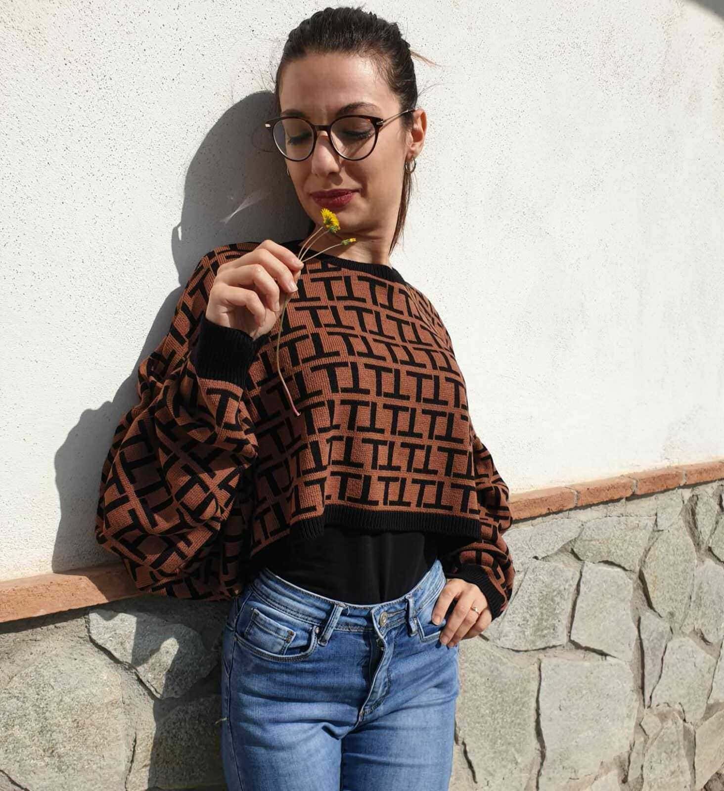 Maglione corto a maniche lunghe fantasia marrone nero - Siena