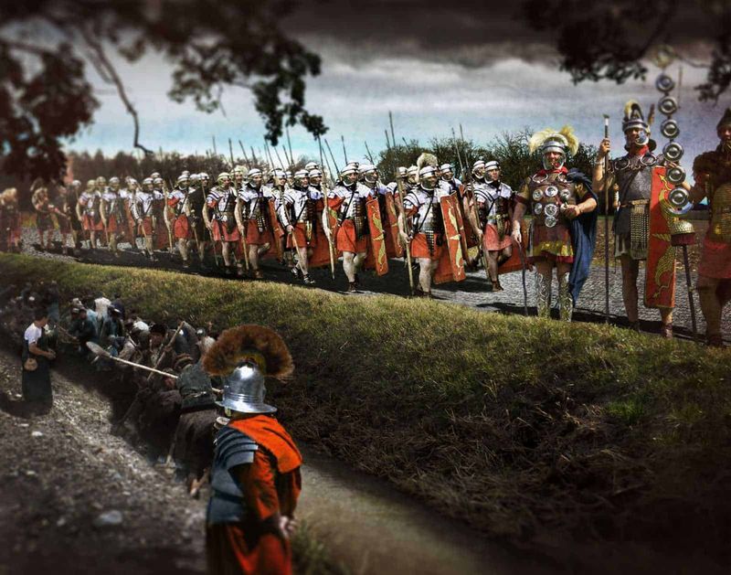 Via Appia Antica in bici sulla "Regina delle strade" a Roma 6 Esploratori romani in costume storico durante una rievocazione storica con soldati in armatura e uniformi antiche. Un evento culturale che ricrea scene di epoca romana con dettagli storici e costumi autentici.
