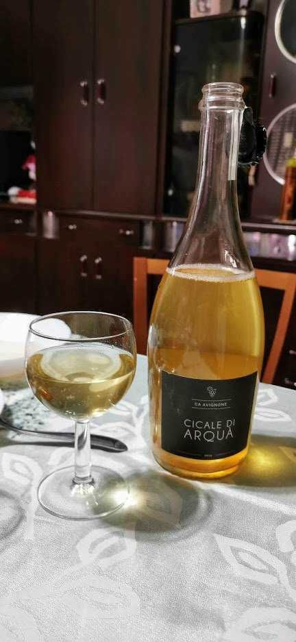 Frizzante vino bianco in bottiglia e calice, appendice di un pasto conviviale, ambientato in una cucina domestica, con aromi freschi e note di frutta, ideale per momenti di relax e convivialità.