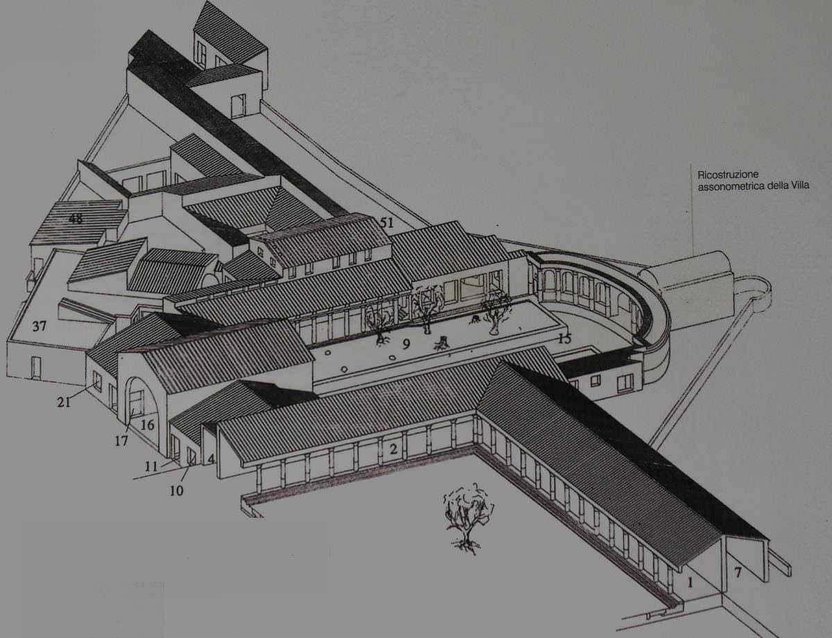 Villa storica ricostruzione assonometrica, progetti di architettura, planimetria di design, edificio storico, layout delle abitazioni, rappresentazione tecnica di villa antica, rendering architettonico, disegno costruttivo, planimetria complessa, progetto edilizio.