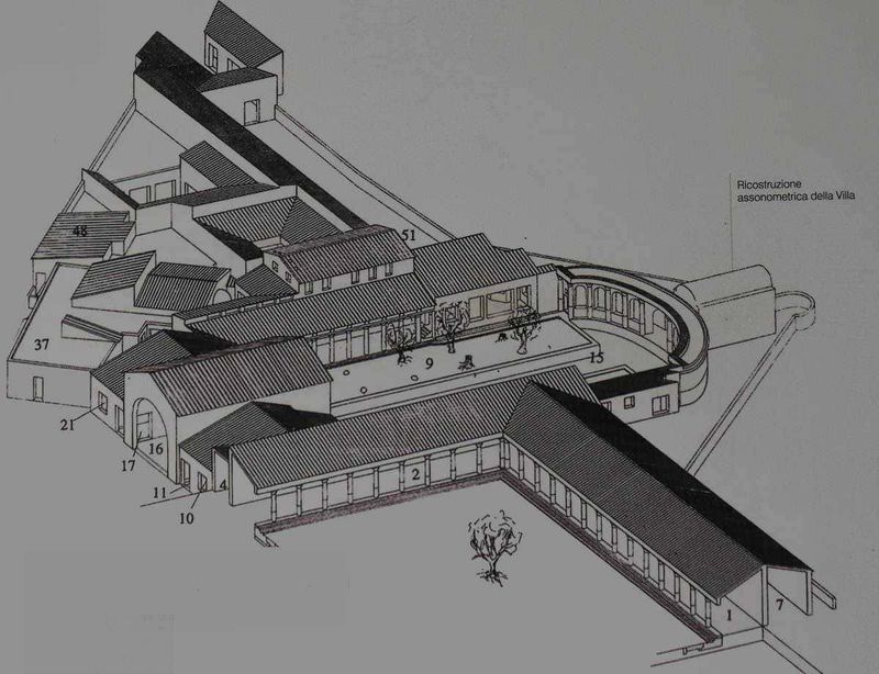 Castellammare di Stabia ville romane: Arianna e San Marco 8 Villa storica ricostruzione assonometrica, progetti di architettura, planimetria di design, edificio storico, layout delle abitazioni, rappresentazione tecnica di villa antica, rendering architettonico, disegno costruttivo, planimetria complessa, progetto edilizio.