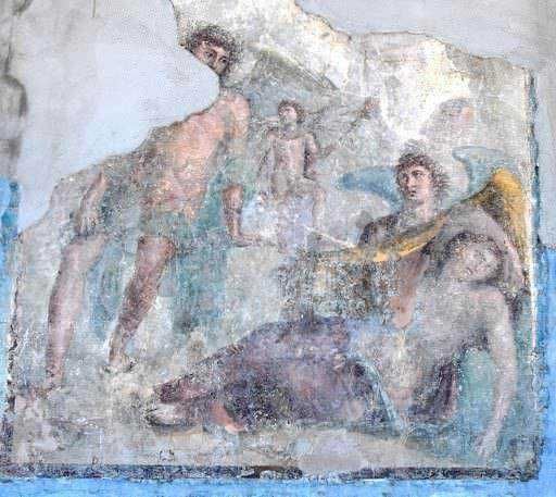 Antico affresco romano con figure umane e animali, esempio di arte storica e pittura murale.
