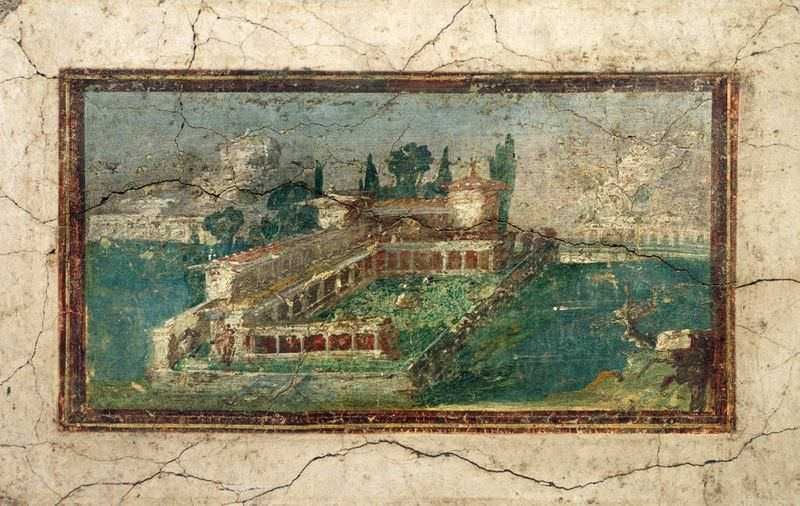 Villa romana dipinta su affresco antico, paesaggio di campagna con natura e architettura classica, sito storico italiano, arte antica e archeologia, decorazioni muralistiche di epoca romana.