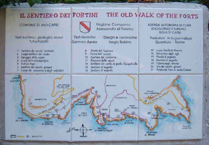 Isola di Capri: storia, antiche rovine e cosa vedere 4 Sentiero dei Fortini, mappa illustrativa del percorso storico e naturalistico