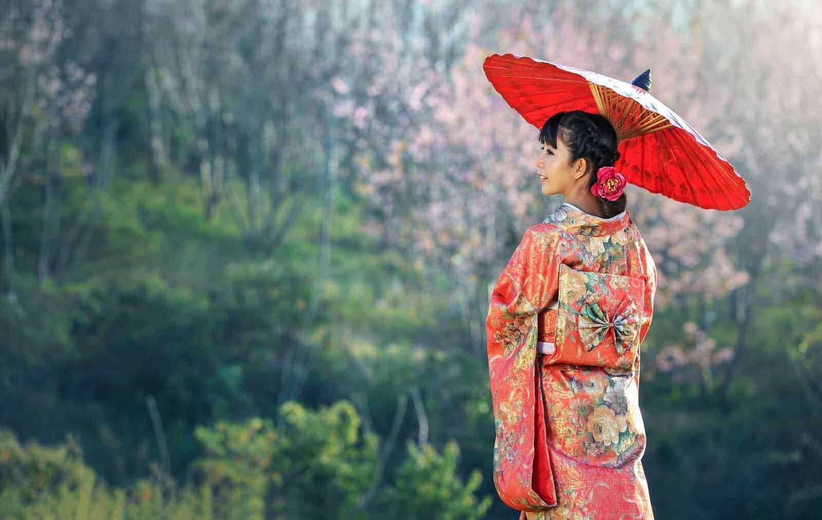 Femmina in kimono tradizionale giapponese con ombrello rosso in un giardino primaverile con fiori sakura sovrapposti.