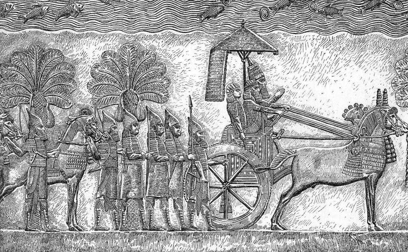 Storia dell'ombrello, usi nella storia 3 Carro con soldati dell'antico Egitto, scena storica e culturale.