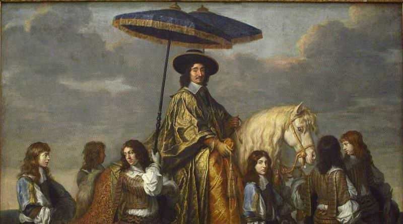 Cavaliere su cavallo con gruppi di persone, dipinto storico con dettagli ricchi e colori caldi, ambientata in un contesto storico europeo.