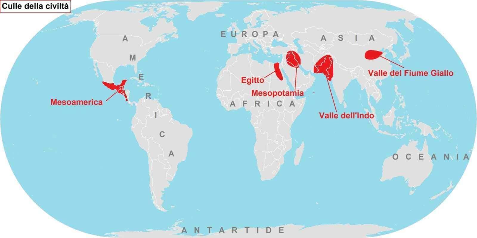 Mappa delle principali civiltà antiche: Mesopotamia, Egitto, Mesoamerica, Valle del Fiume Giallo, Valle dell'Indo, con aree storiche evidenziate per approfondimenti culturali e storici.