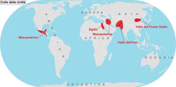 Civiltà Fluviali quali sono nel mondo 3 Mappa delle principali civiltà antiche: Mesopotamia, Egitto, Mesoamerica, Valle del Fiume Giallo, Valle dell'Indo, con aree storiche evidenziate per approfondimenti culturali e storici.