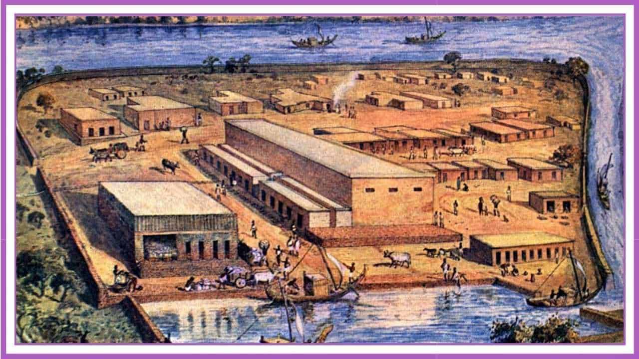 Antica città di Sopot in Africa, visuale aerea con edifici, vie e attività commerciali, contesto storico, porti e imbarcazioni sul fiume.