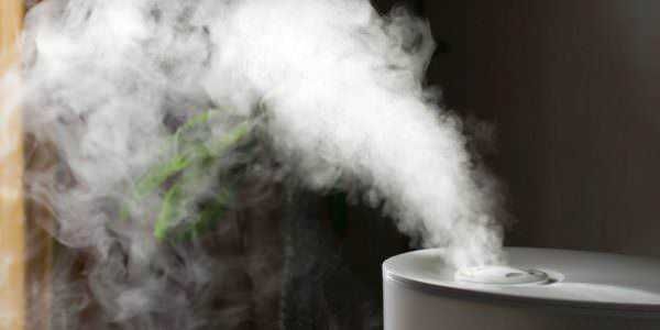 Nebbia vapor d'acqua di un umidificatore portatile in funzione, con vapori che si sollevano nell'aria, ideale per umidificare ambienti interni e migliorare la qualità dell'aria.