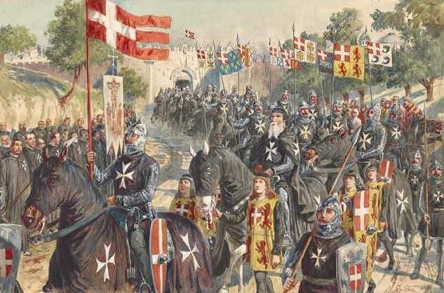 Cavalieri crociati medievali con le croci durante una spedizione