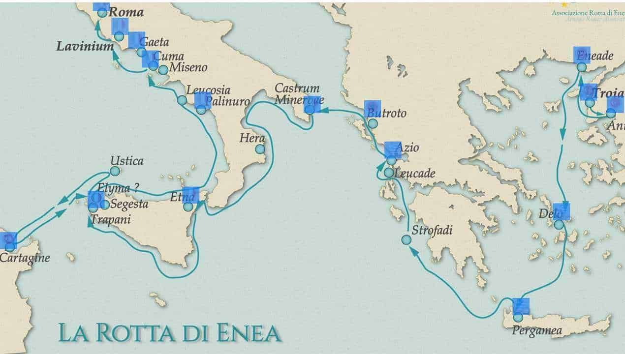 Itinerario della rotta di Enea nel Mar Mediterraneo e dettaglio delle rotte e tappe principali.