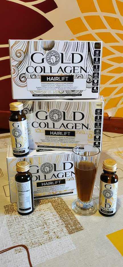 Gold collagen hairlift integratore liquido per la crescita dei capelli, box e bottiglie con prodotto, drink in un bicchiere, sfondo con motivi astratti arancioni e gialli, promozione di un integratore di collagene gold collagen for hair health.