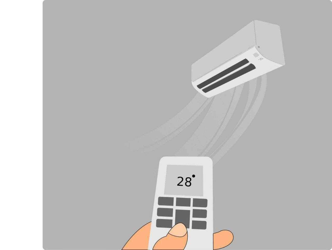 Climatizzatore e telecomando con temperatura impostata a 28°C, aria condizionata in funzione, ambientazione moderna, tecnologia per il comfort domestico.