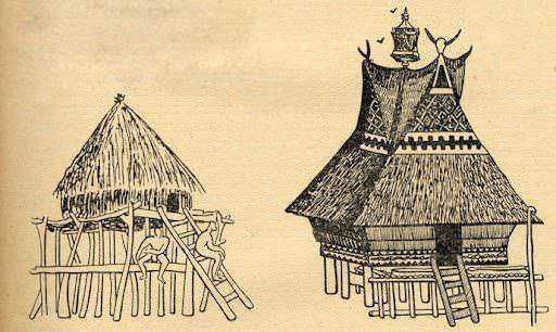 Storia della costruzione edile nel tempo dalle grotte ai grattacieli. 2 Vecchio disegno di capanna su palafitte con tetto di paglia e struttura in legno, stile artistico etnico e tradizionale.