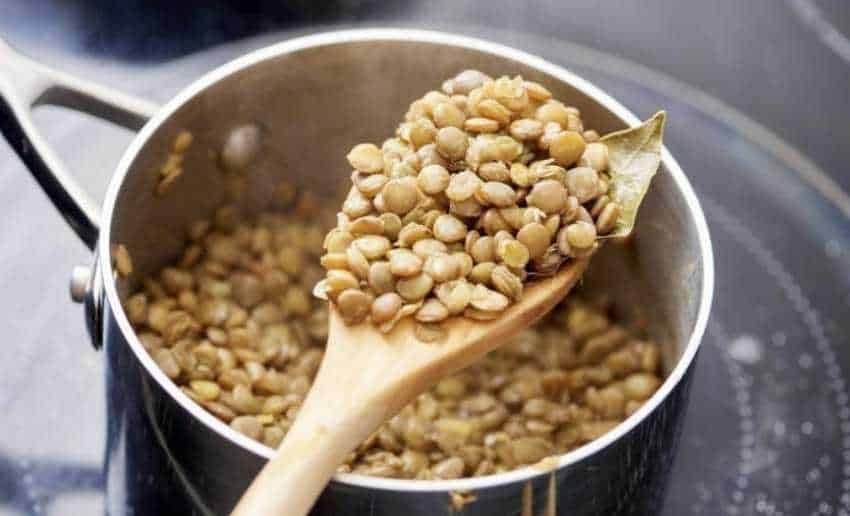 F ilay posizionata sopra un pentolino con lenticchie cotte, pronta per essere utilizzata in ricette di cucina italiana.