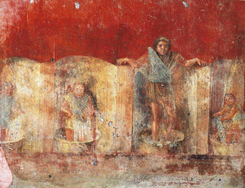 Pompei scavi scoperta: 5 rari reperti emersi dagli scavi archeologici 5 La fullonica di Pompei e l'affresco della danza dei lavandai. Pompei, I secolo d.C.