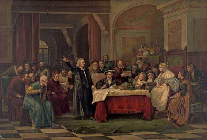 Primo piano di un dipinto che rappresenta un'assemblea storica con figure in abiti d'epoca, ambientata in un teatro o sala di discussione, evidenziando dettagli di arte e cultura storica.
