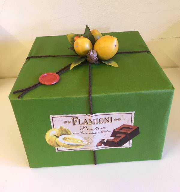 Pompa di cioccolato con decorazioni di frutta e foglie su confezione verde elegante, ideale per dolci artigianali e regali gourmet, perfetta per creare dessert raffinati e invitanti.