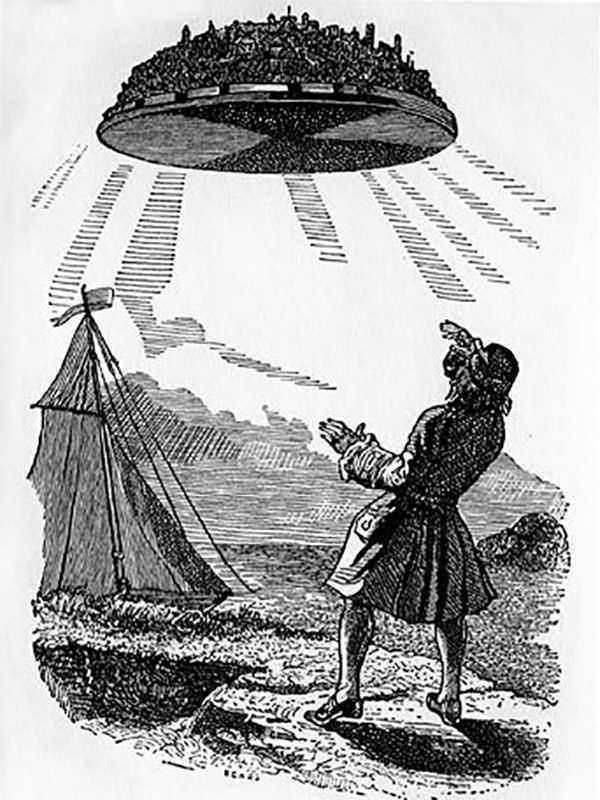 Disco volante con raggi di luce che illuminano un uomo in abiti d'epoca, scena surreale di fantascienza, illustrazione in stile vintage.
