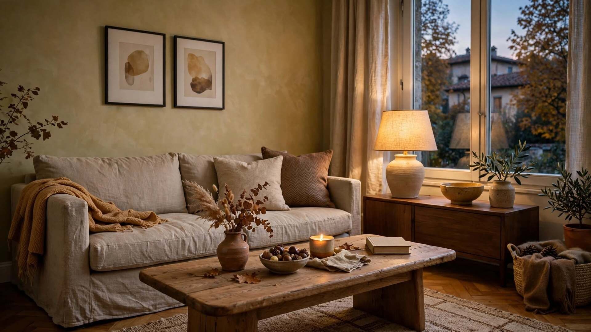 Lampada da tavolo con luce calda in soggiorno