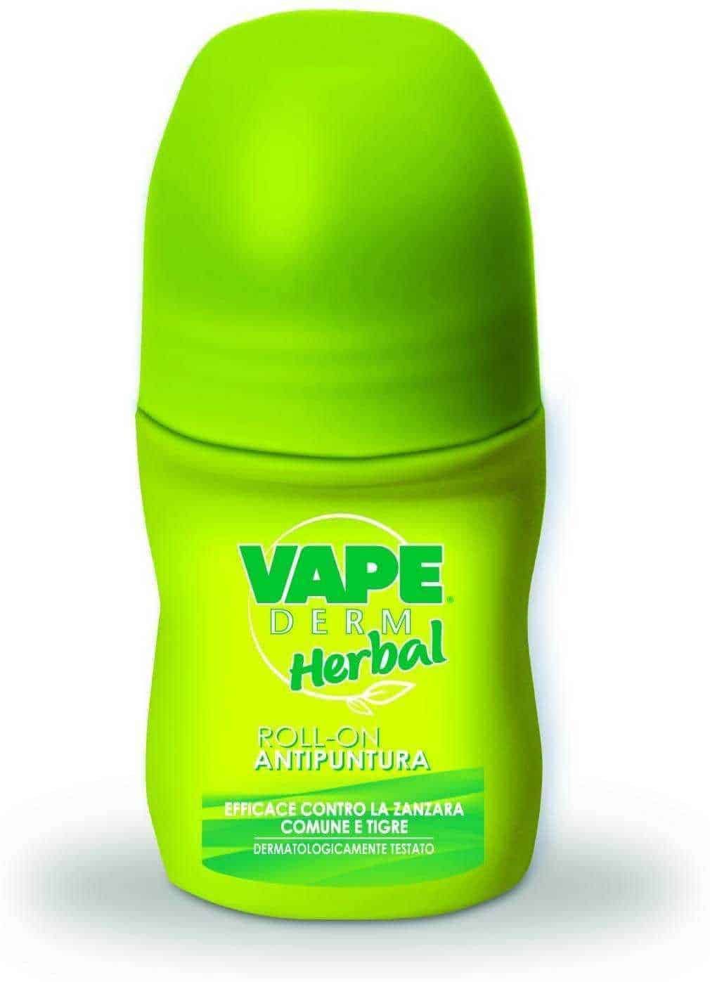 Roll-on antizanzare verde Vape DERM Herbal, efficace contro zanzare comuni e tigre, dermatologicamente testato, ideale per protezione naturale e efficace contro le punture di zanzara.