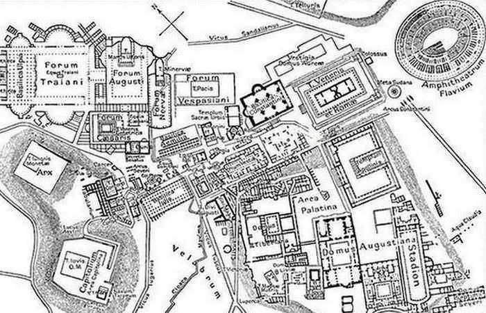 Antica tecnologia romana antisismica, 15 esempi 6 Fogli di stile e i dettagli architettonici del complesso dell'Antico Foro di Roma antica. Schema dettagliato della planimetria degli edifici e delle aree emblematiche dell'antica città romana.