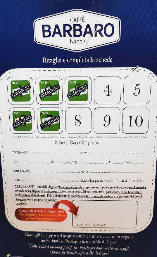 OMAGGIO caffè BARBARO Napoli scheda premio, lotteria, raccolta punti, cartella premi, concorso, scontrino omaggio, promozione.