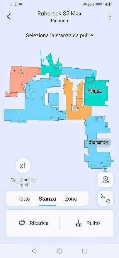Pulizia robot aspirapolvere Roborock S5 Max mappa delle stanze e zone.