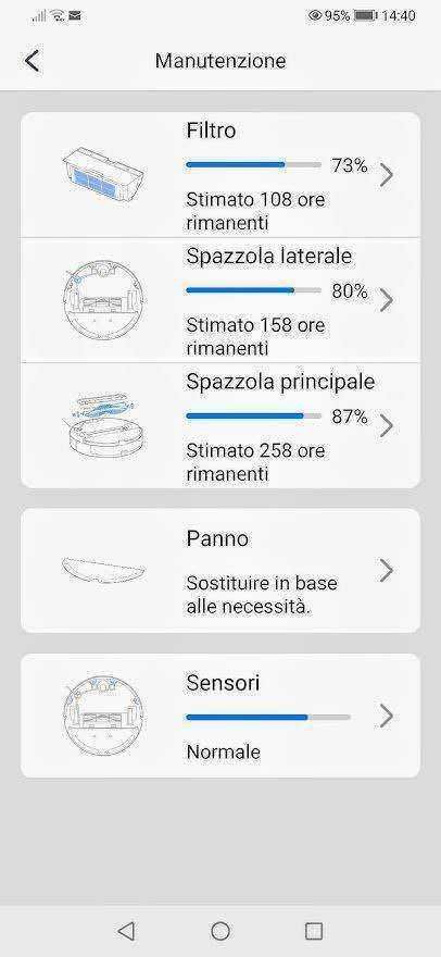 Filtro di manutenzione del sistema di climatizzazione, stato e ore rimanenti.