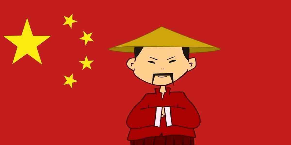 Cinese con abbigliamento tradizionale e cappello di paglia, sfondo con bandiera cinese con stelle gialle, stile cartoon, rappresenta cultura e tradizioni cinesi, Appunti Sul Blog.