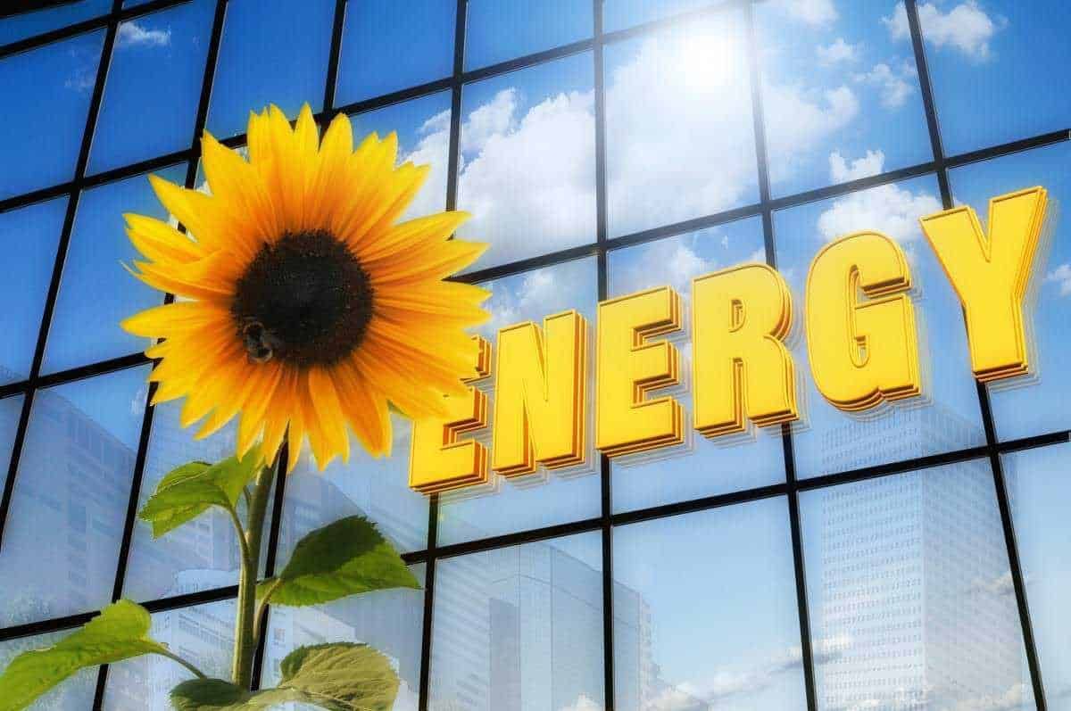Fiore di girasole in primo piano davanti a una parete di vetro con il cielo e le nuvole, con la parola "Energie" in grandi lettere gialle, simbolo di energia naturale e sostenibilità.