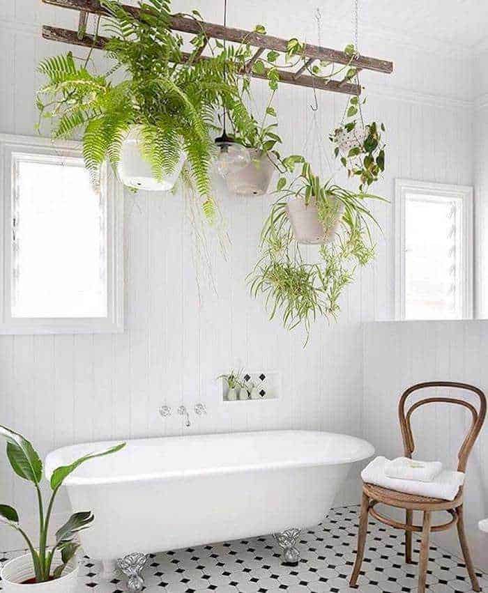 Fioritura di piante verdi in bagno con vasca da bagno vintage, illuminata da candele e luci soffuse, creando un'atmosfera rilassante e naturale. Decorazioni di stile boho chic e ambientazione accogliente.