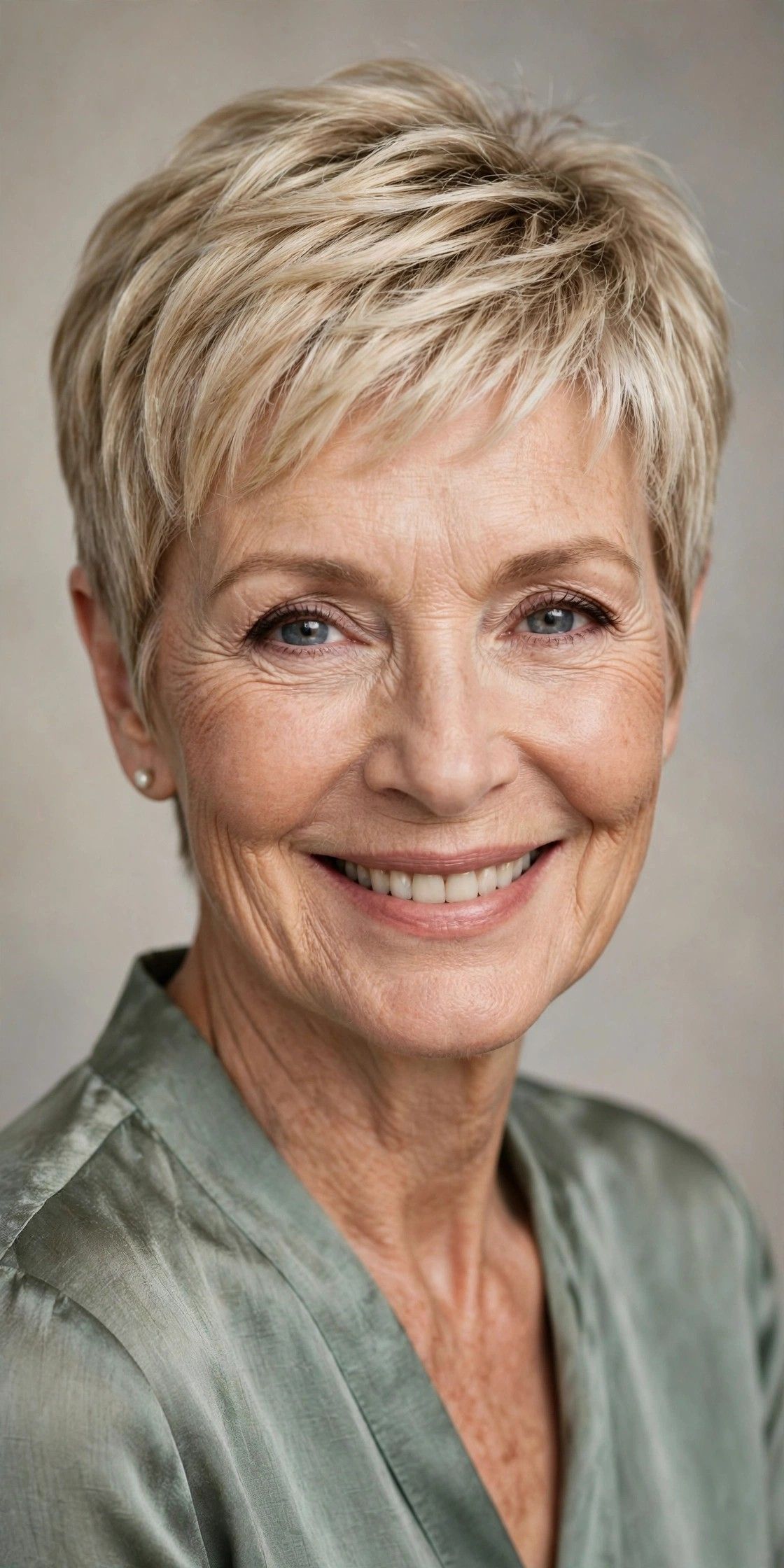 Pixie cut biondo corto donna over 60 che ringiovanisce viso