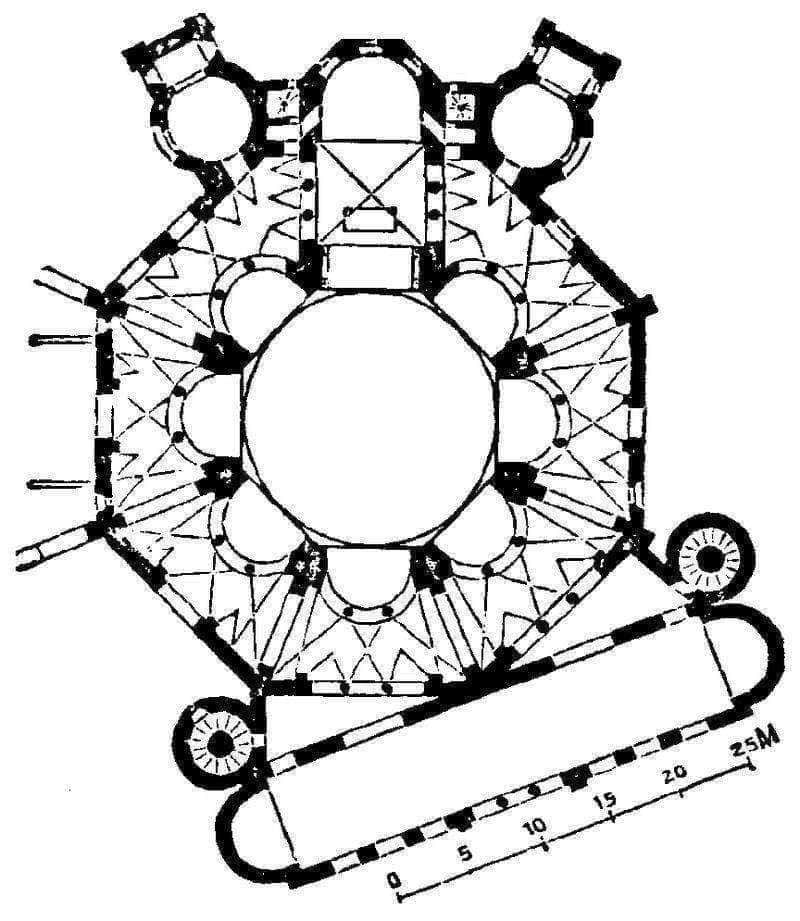 Basilica di San Vitale in Ravenna bizantina 6 Scorcio di un progetto di architettura storica, planimetria di chiesa o edificio religioso, disegno tecnico nero e bianco, dettaglio strutturale con linee e misure precise, immagini di planimetria edelinea grafica dettagliata.