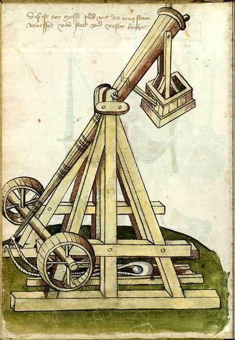 Cannone di legno medievale, rendering artistico di una macchina da guerra storica, esempio di ingegneria antica e strumenti militari dell'epoca.