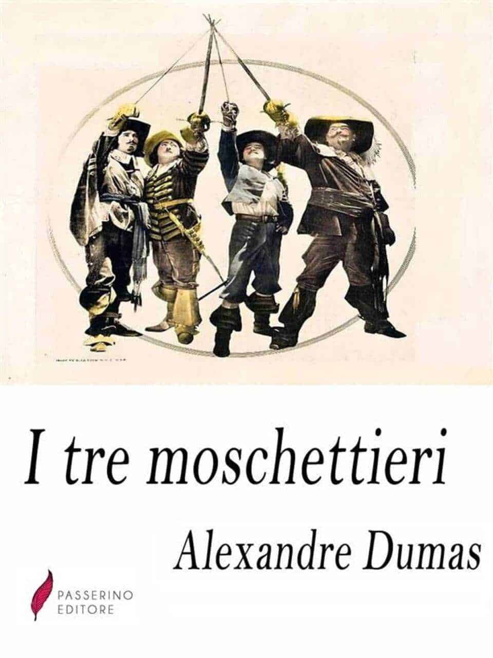 Fratelli Moschettieri di Alexandre Dumas, illustrazione classica dei personaggi con spade e travestimenti, rappresenta il celebre romanzo d'avventura e amicizia.