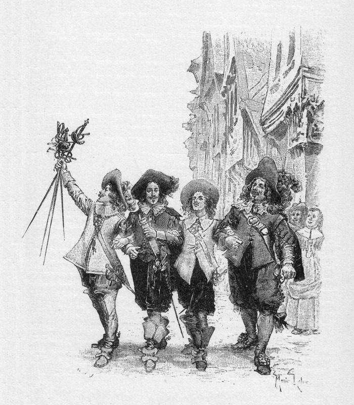 I tre moschettieri di dumas: Sfilata di uomini in costume storico che passeggiano in una strada cittadina, scena in stile illustrativo nero e bianco.