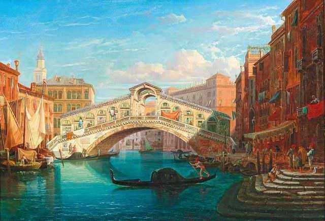 Vignetta di una coppia felice che si abbraccia sul molo a Venezia con il Ponte di Rialto sullo sfondo, atmosfera romantica e scenografica.