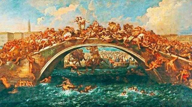 Homo sapiens inondazione antica scena mitologica natura acqua ponte storico popolo antico formazione culturale.