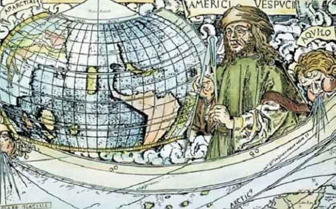 Che cosa ha scoperto Amerigo Vespucci? 4 Mappa antica del mondo con figure mitologiche e rappresentazioni storiche, evidenziando esplorazioni, geografia e cartografia del passato.