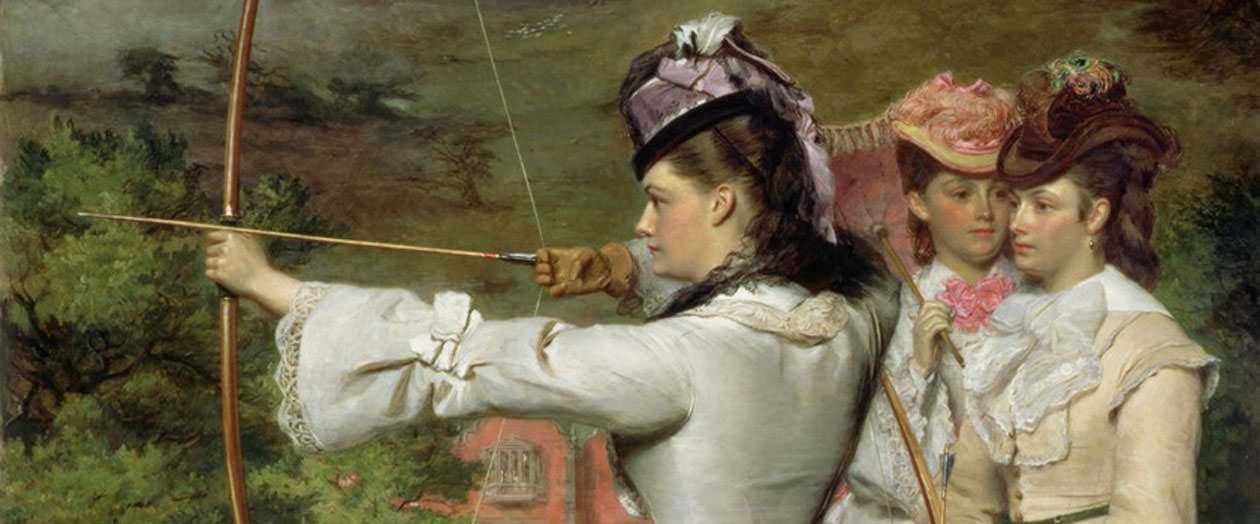 Frecce di arco, donne in abiti storici, scena artistica di epoca fine 700, dettagli di moda d'epoca, ambiente naturale, dipinto classico sulle appunti di blog, arte e storia, raffigurazione femminile storica.