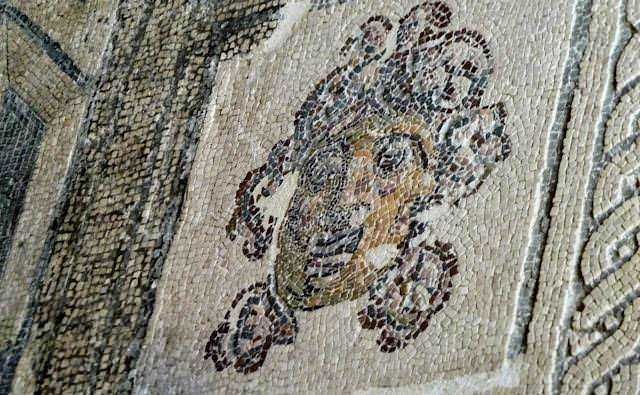 Antica mosaico romana con volto femminile e dettagli floreali, esempio di arte e architettura dell'antichità, perfetto per appassionati di storia e archeologia.