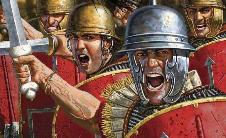 Guerrieri romani in battaglia con corazze e scudi, scena storica di epoca antica.