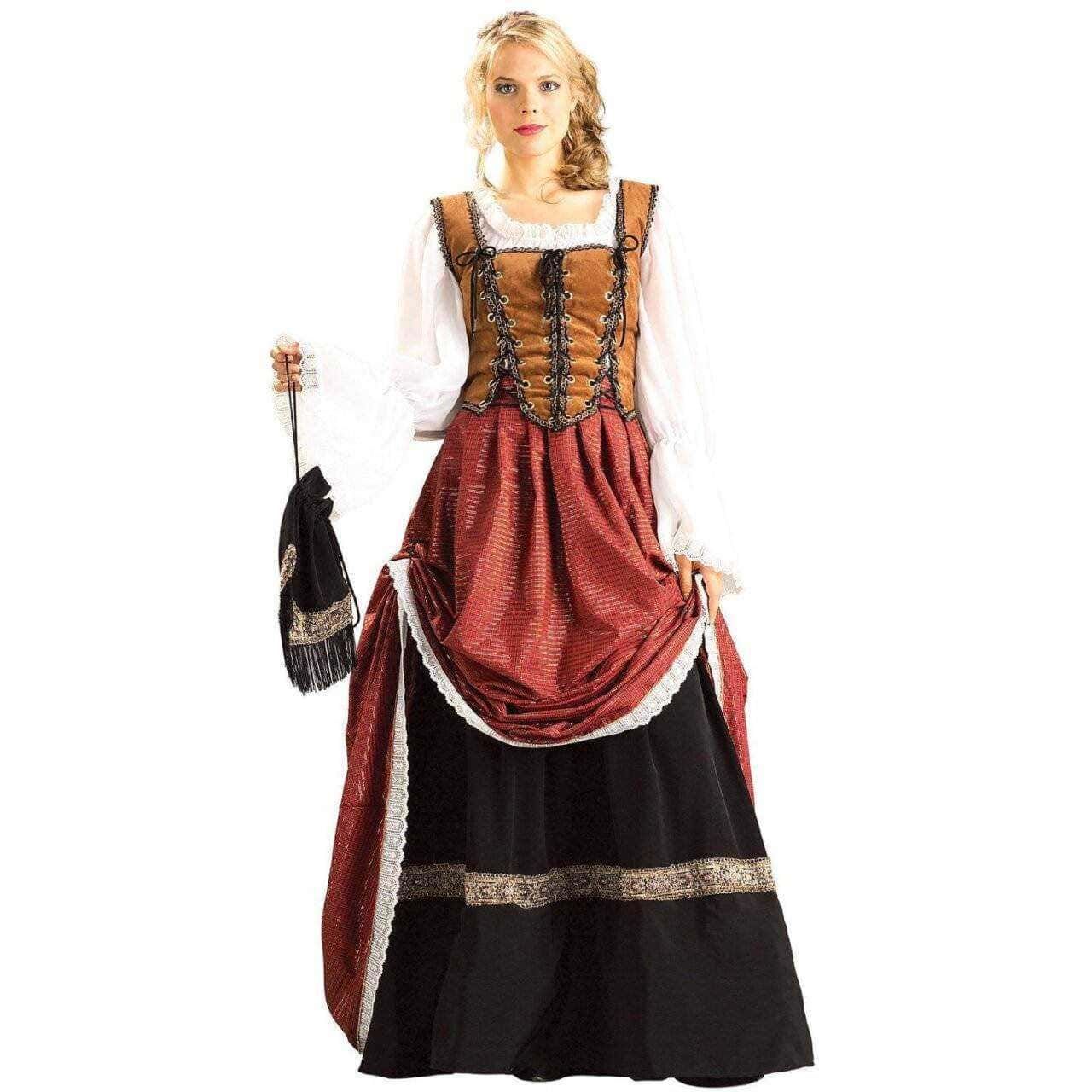 Abito femminile medievale con tunica lunga e copricapo