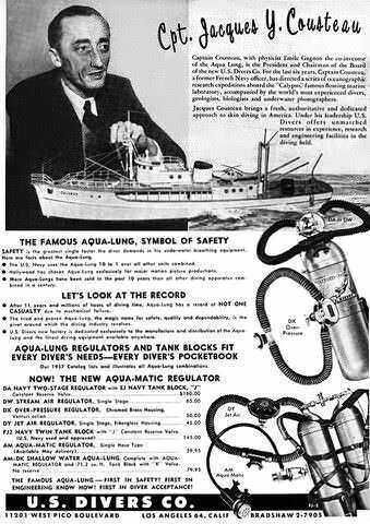 Aqua-Lung, apparecchio di sicurezza subacquea storico e simbolo di sicurezza negli sport acquatici, mostrato con dettagli tecnici e pubblicitari in un'immagine vintage.