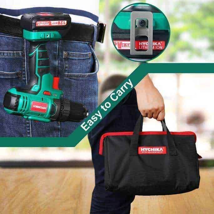 Kit di attrezzi portatile con trapano e borsa da lavoro, strumenti essenziali per il fai-da-te e le riparazioni domestiche, facile da trasportare e usare in vari progetti di bricolage.